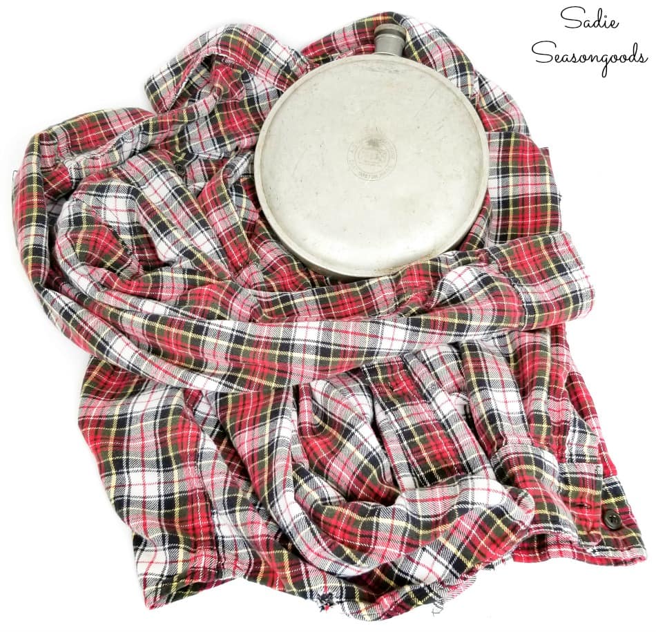 Upcycling a vintage canteen as plaid decor with a flannel shirt