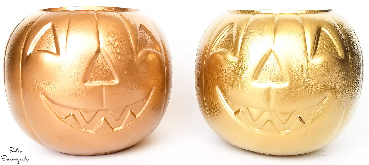 painting plastic pumpkin buckets with metallic spray paint