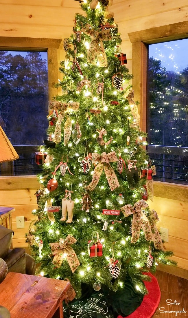 Cabin Christmas tree with fishing ornaments