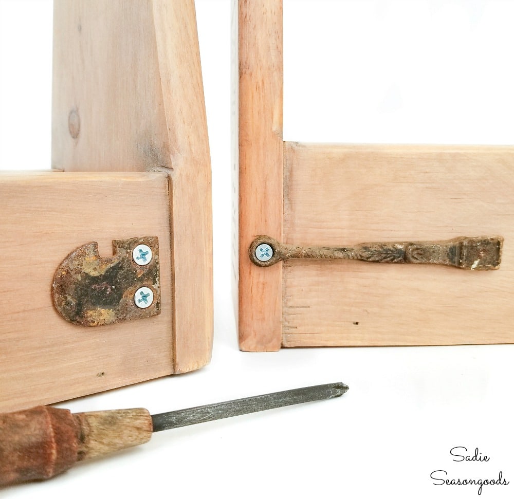 Salvaged hardware on wooden tool caddies