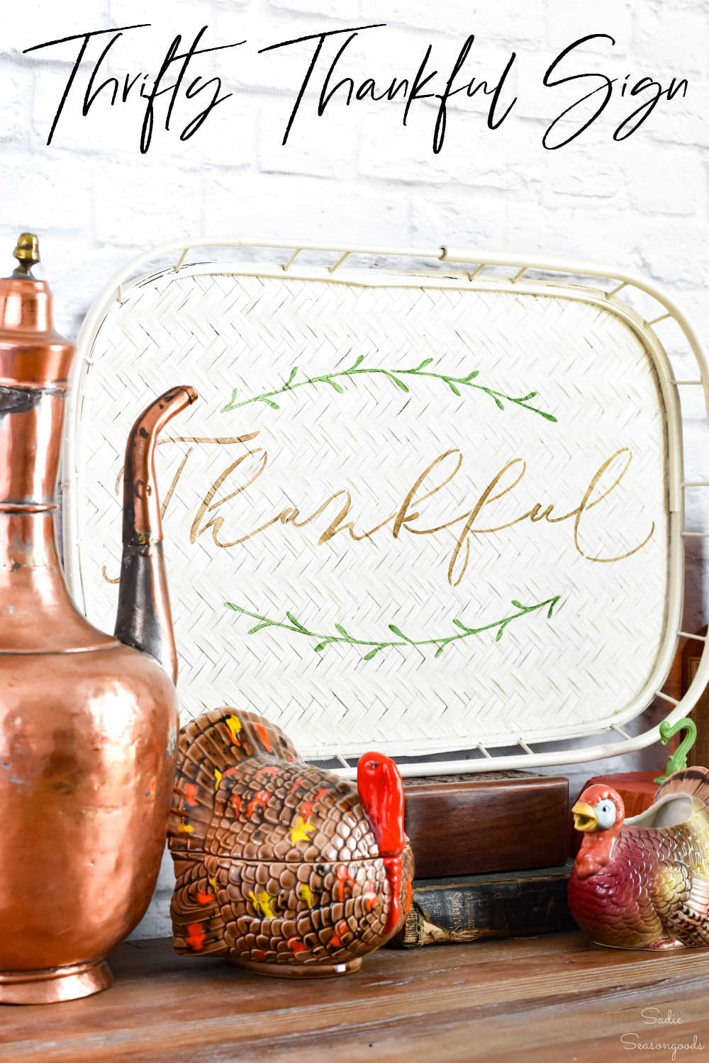 thankful sign on a vintage bamboo tray