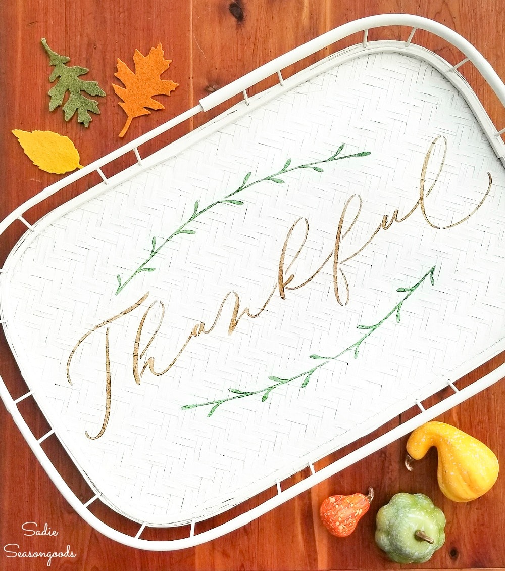 Using a Thanksgiving stencil on a vintage bamboo tray
