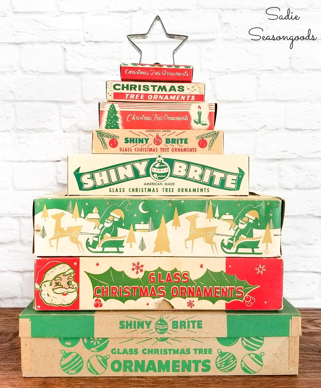 Vintage ornament boxes as thrifty Christmas decor