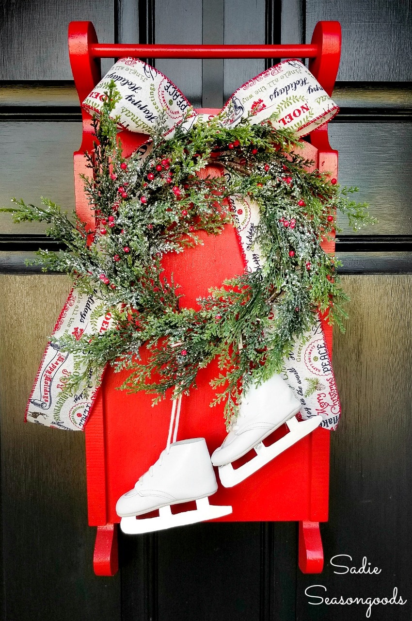 Decorative sled and baby ice skates as a Christmas wreath