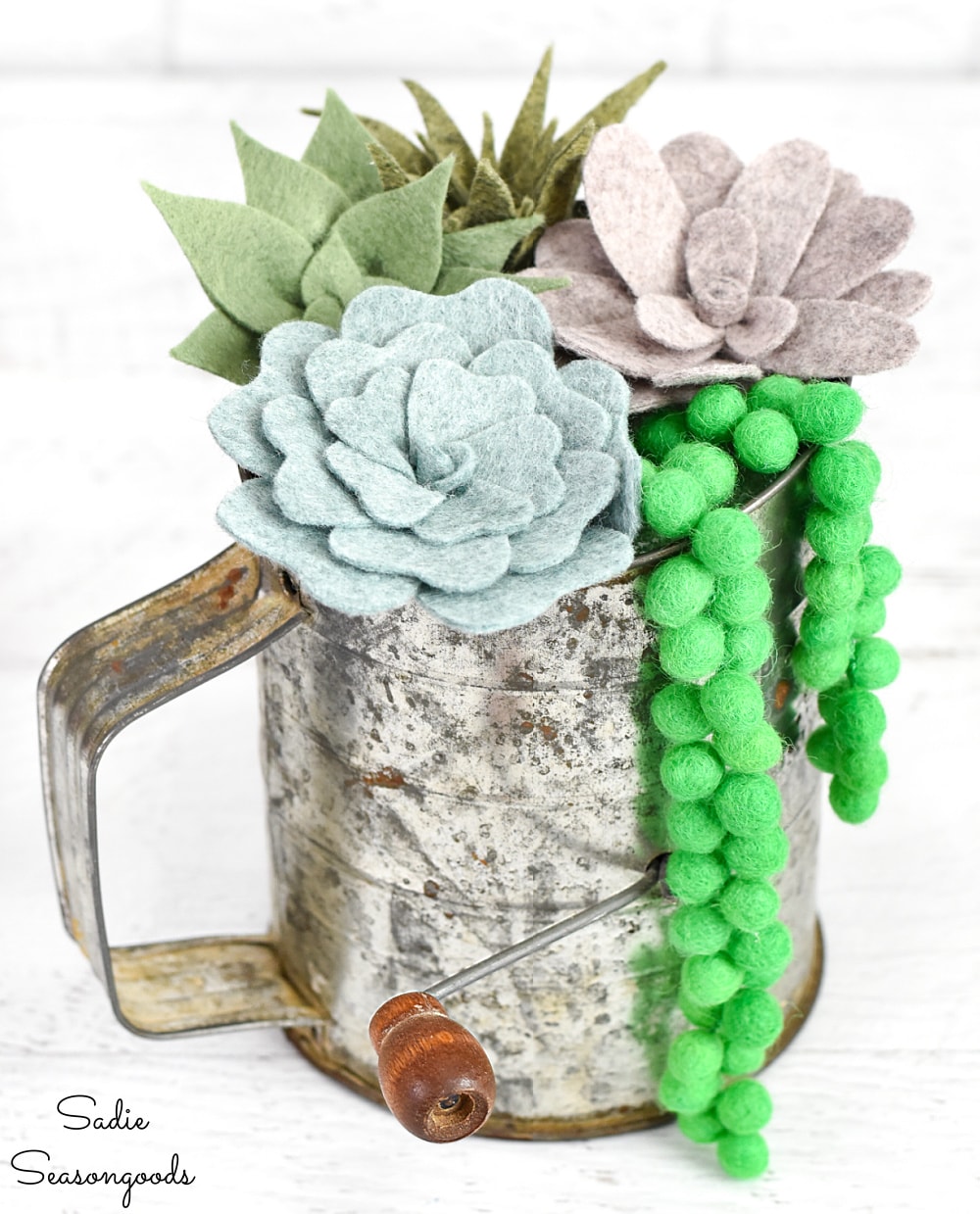 DIY felt succulents in a vintage sifter