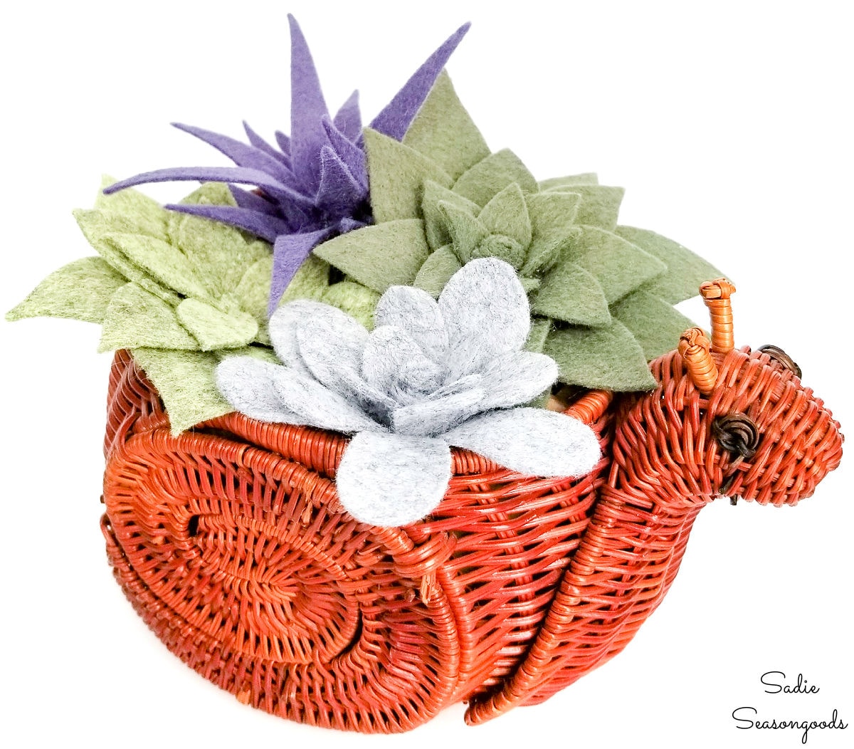 Felt succulents in a snail basket