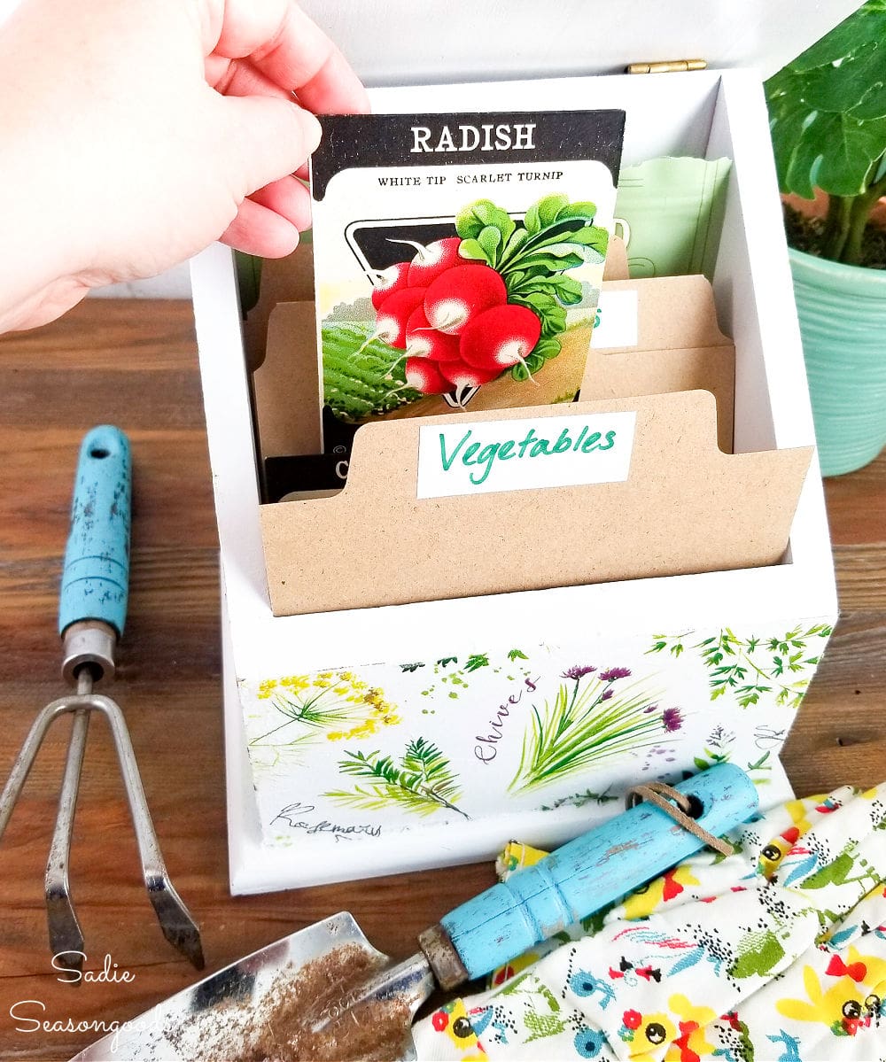 repurposing a wooden recipe box to organize seeds