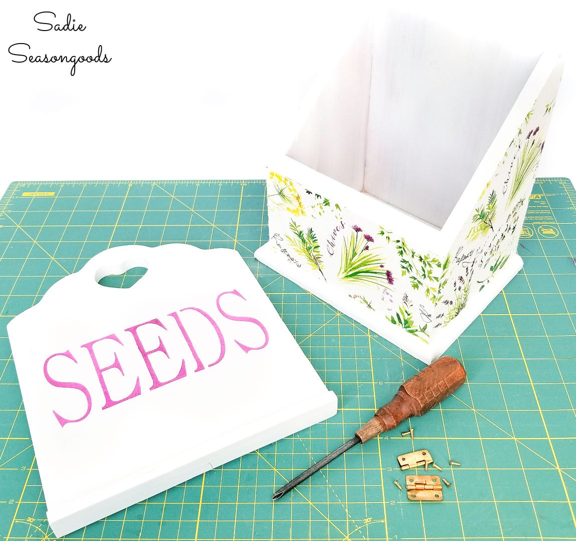 wooden recipe box as a seed storage box