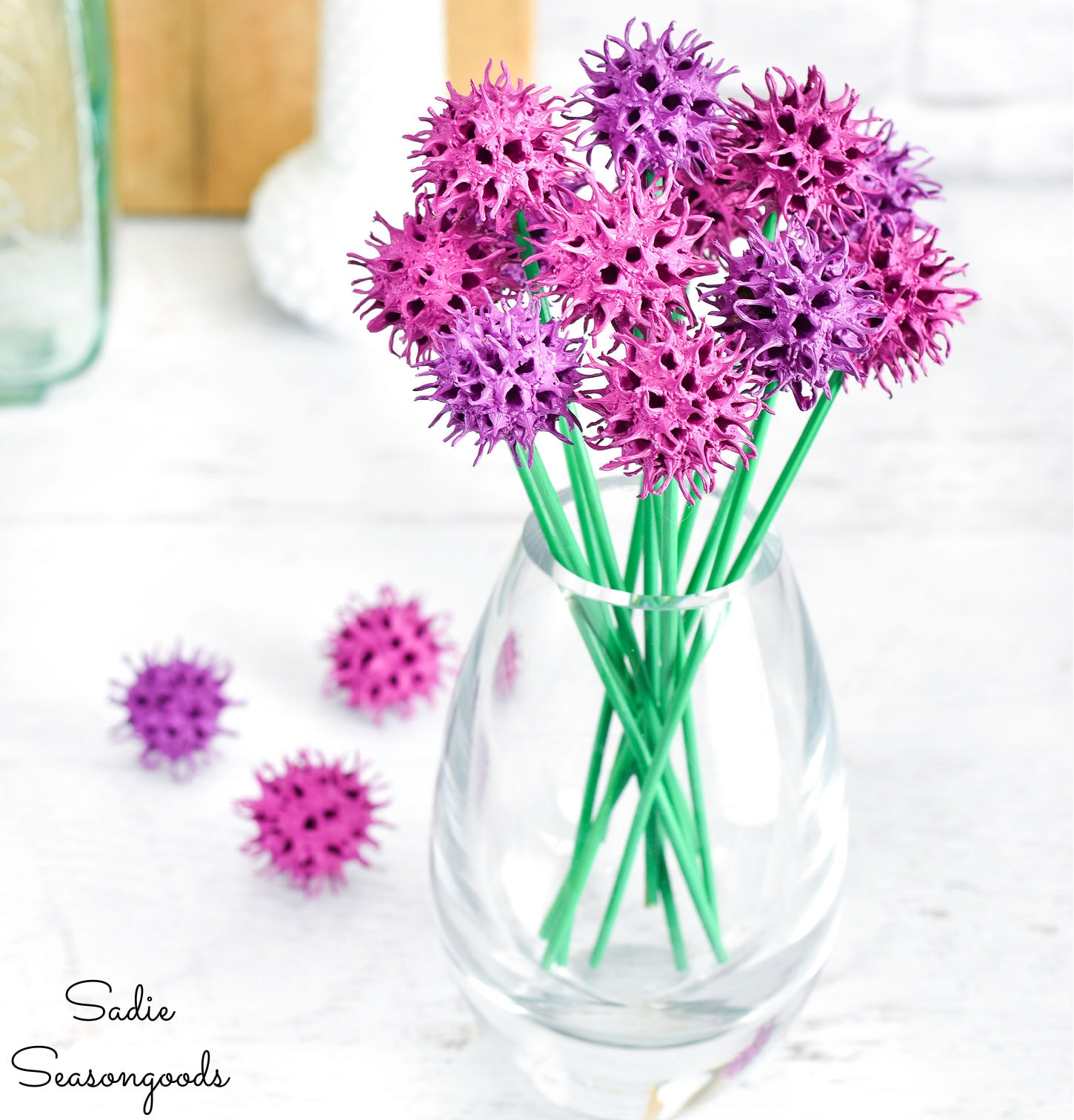 chive blossoms from sweet gum tree balls