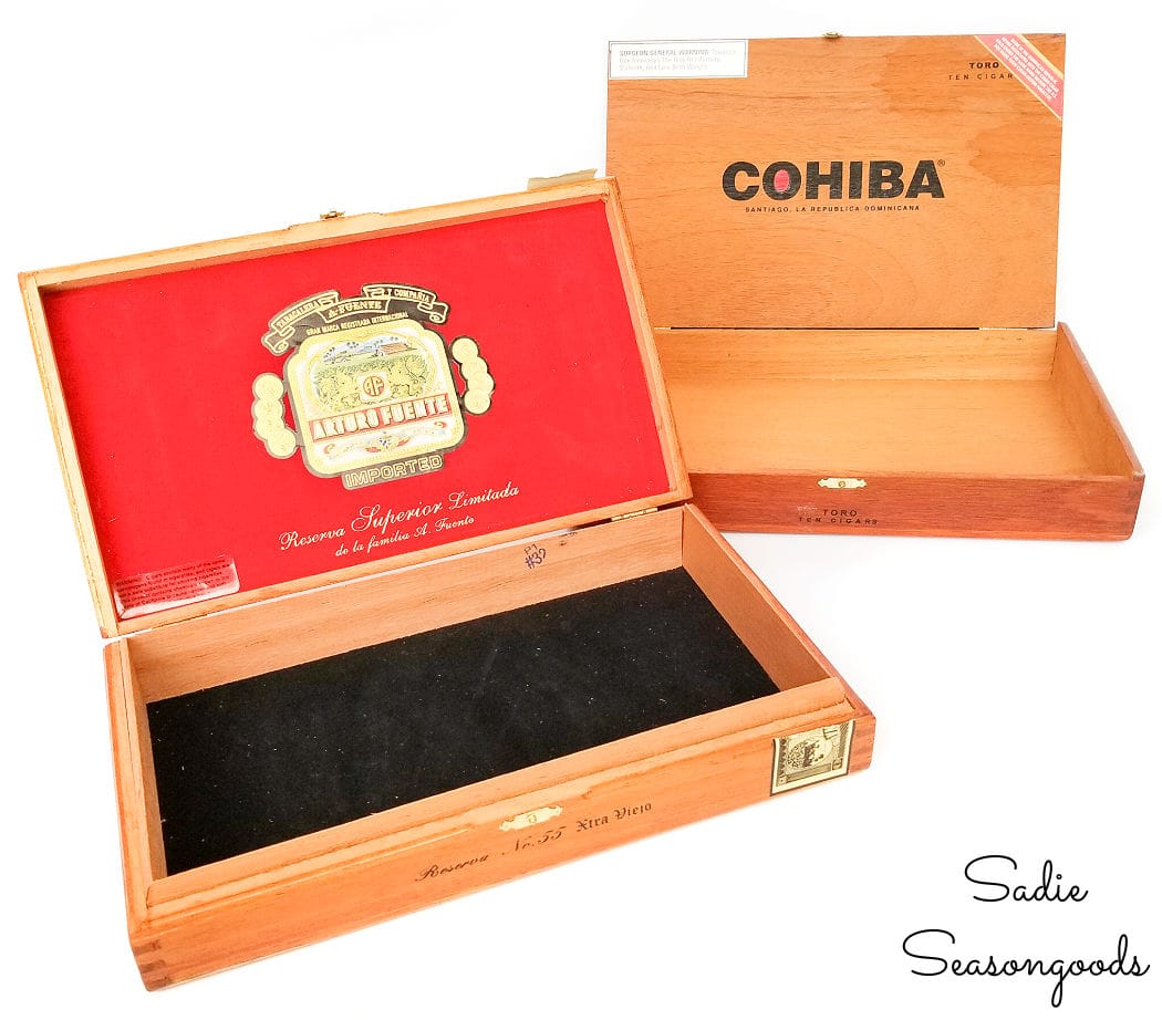 craft storage in wooden cigar boxes