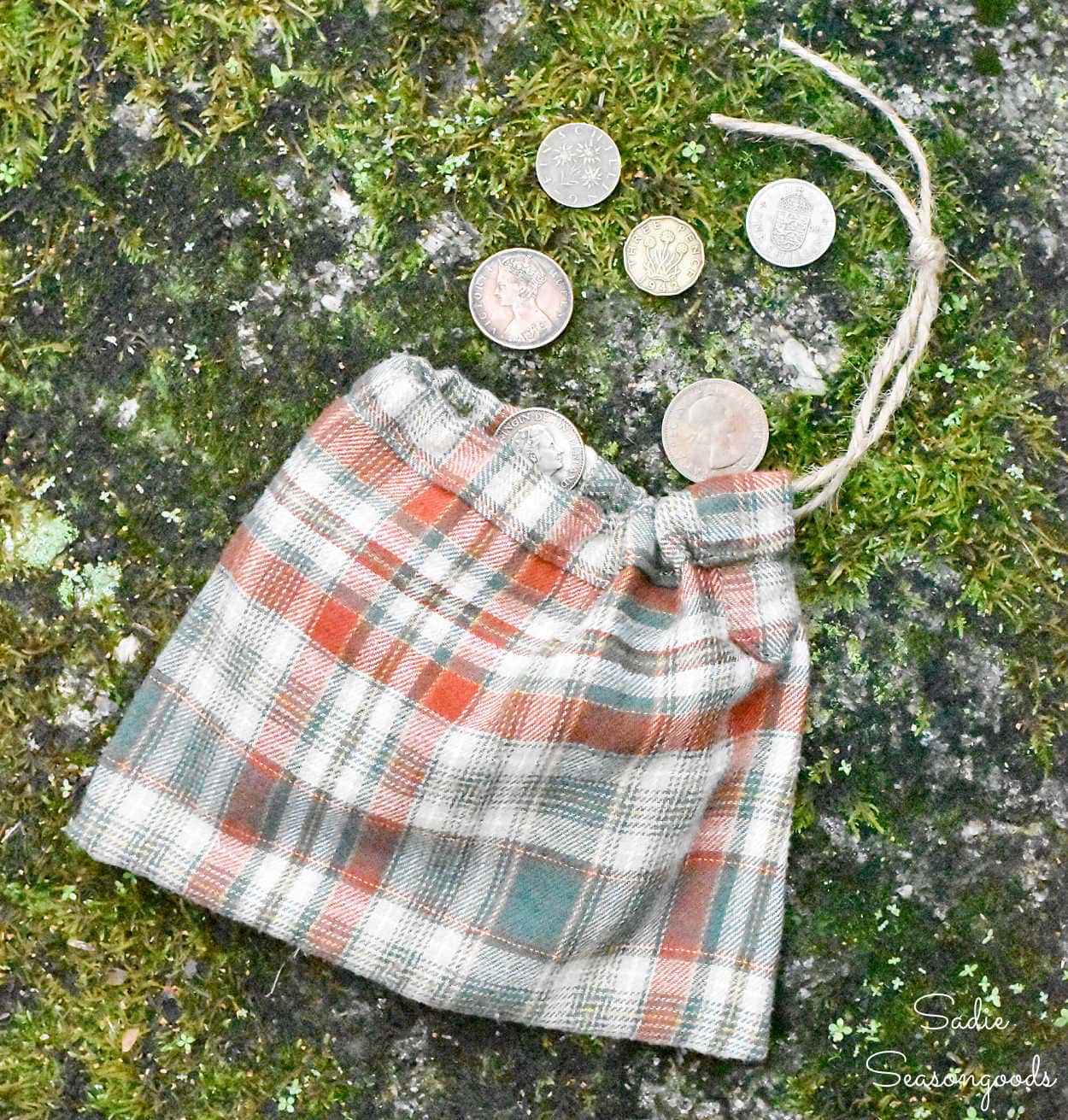 drawstring pouch from the sleeve of a flannel shirt