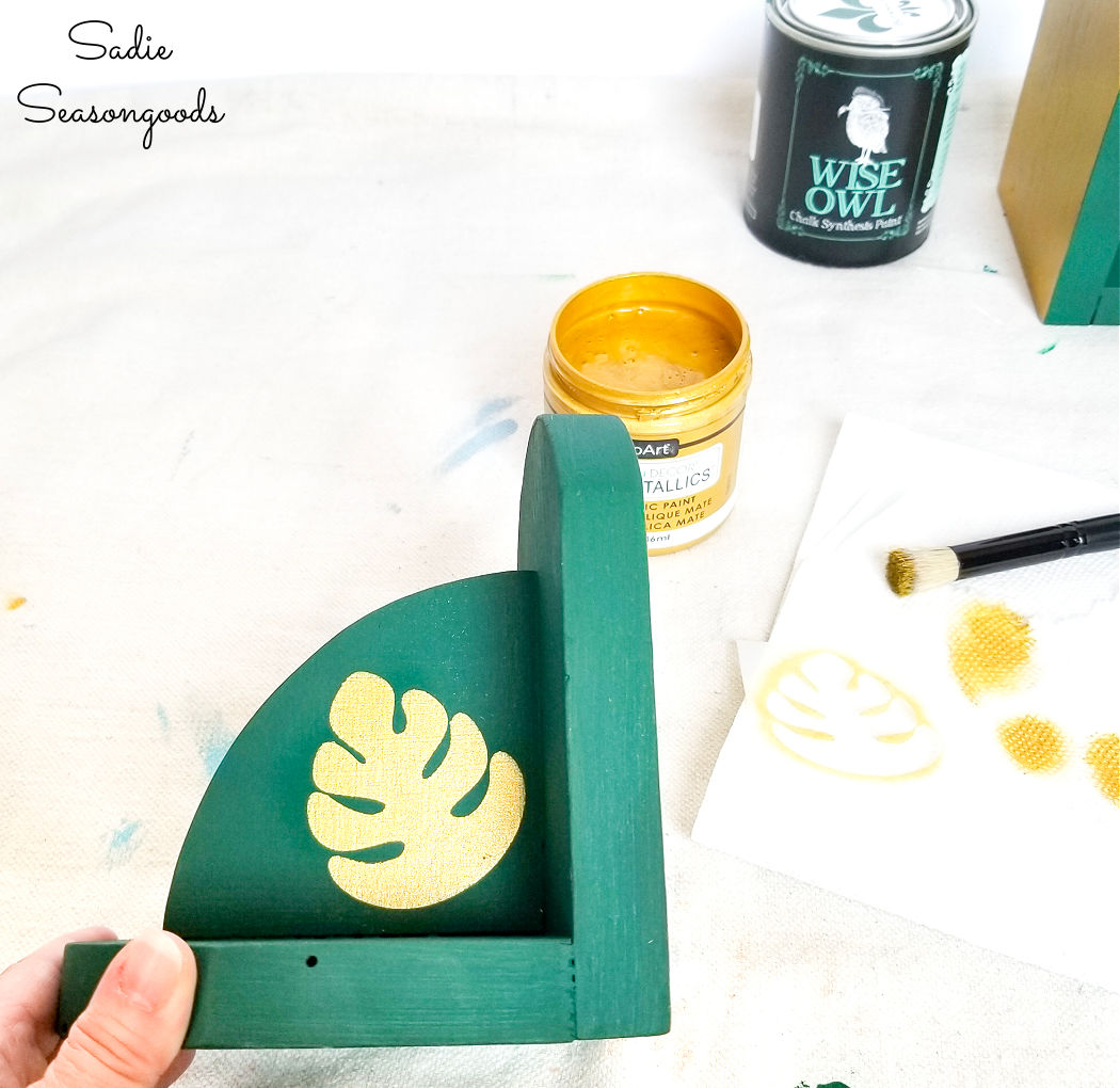 monstera leaf stencil on boho bookends