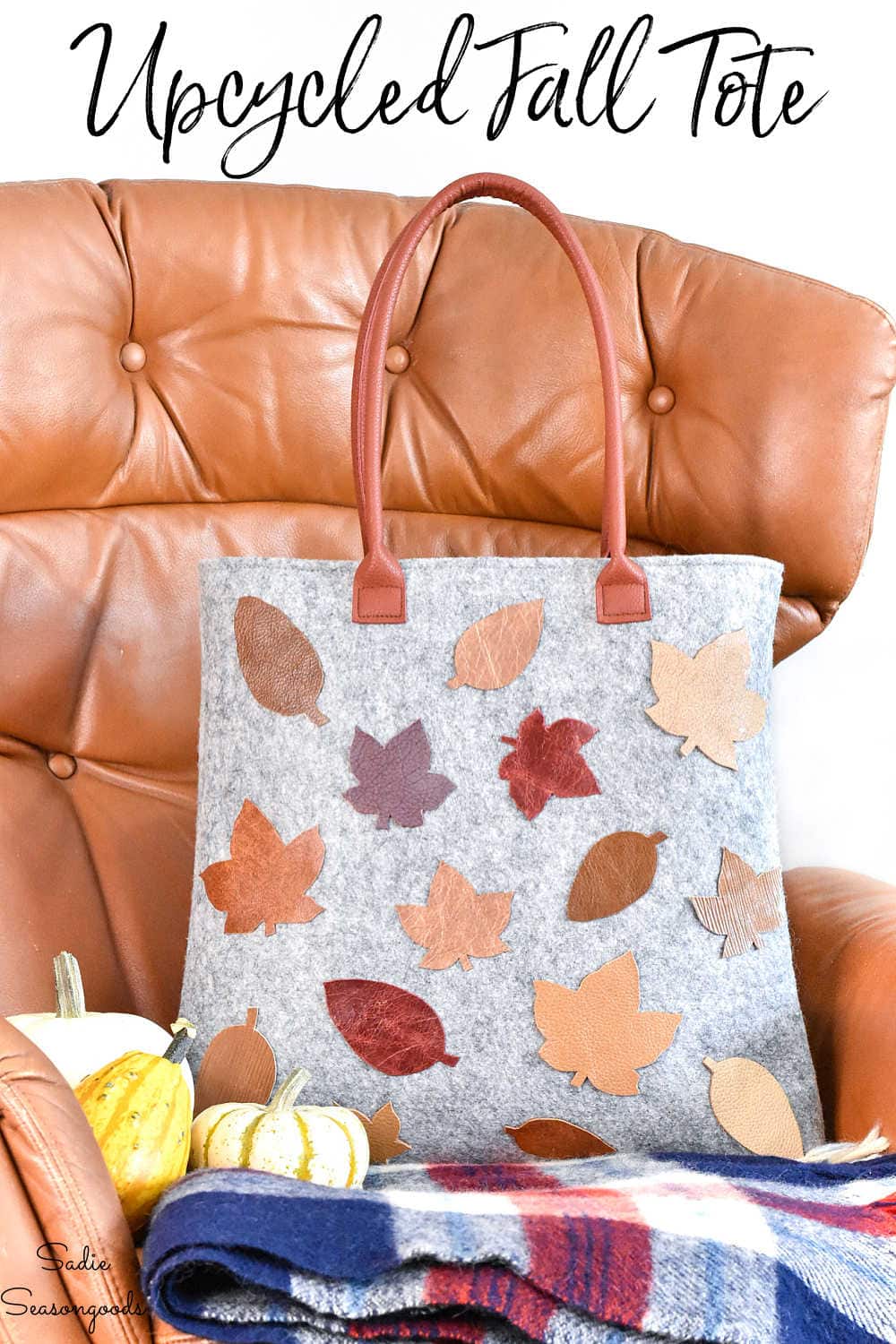 decorating a wool tote with fall leaves