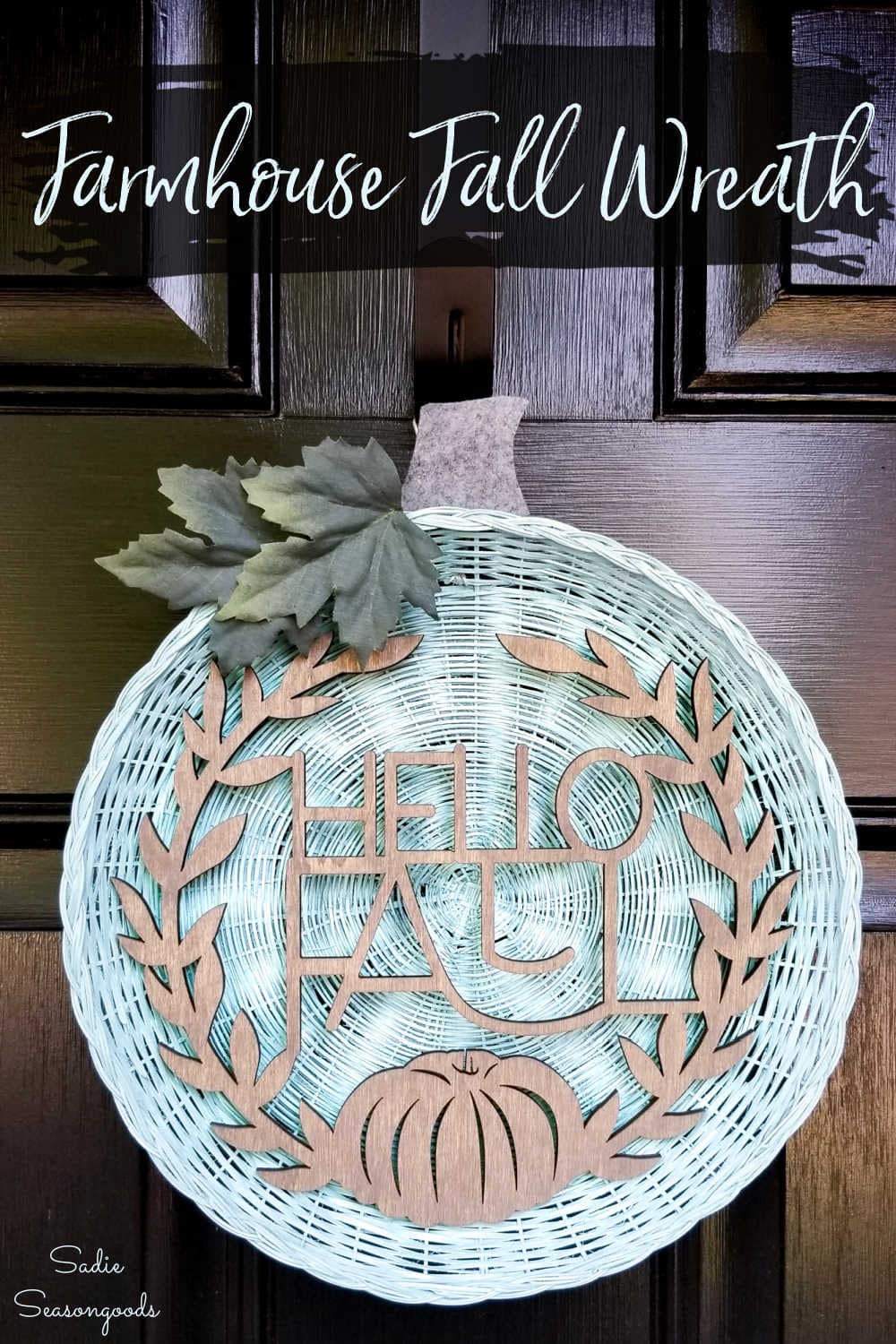 farmhouse fall wreath from a wicker plate holder