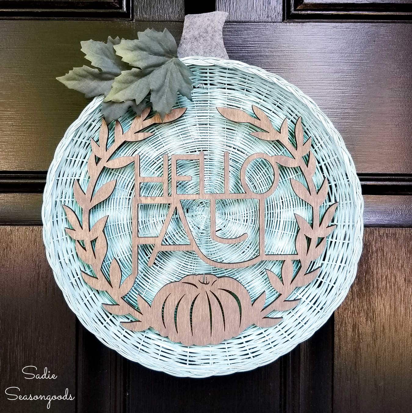 Farmhouse Fall Wreath from a Wicker Plate Holder