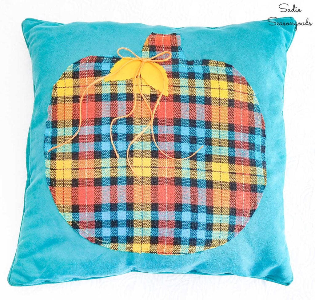Blue Fall Decor with a Pumpkin Throw Pillow from a Flannel Shirt