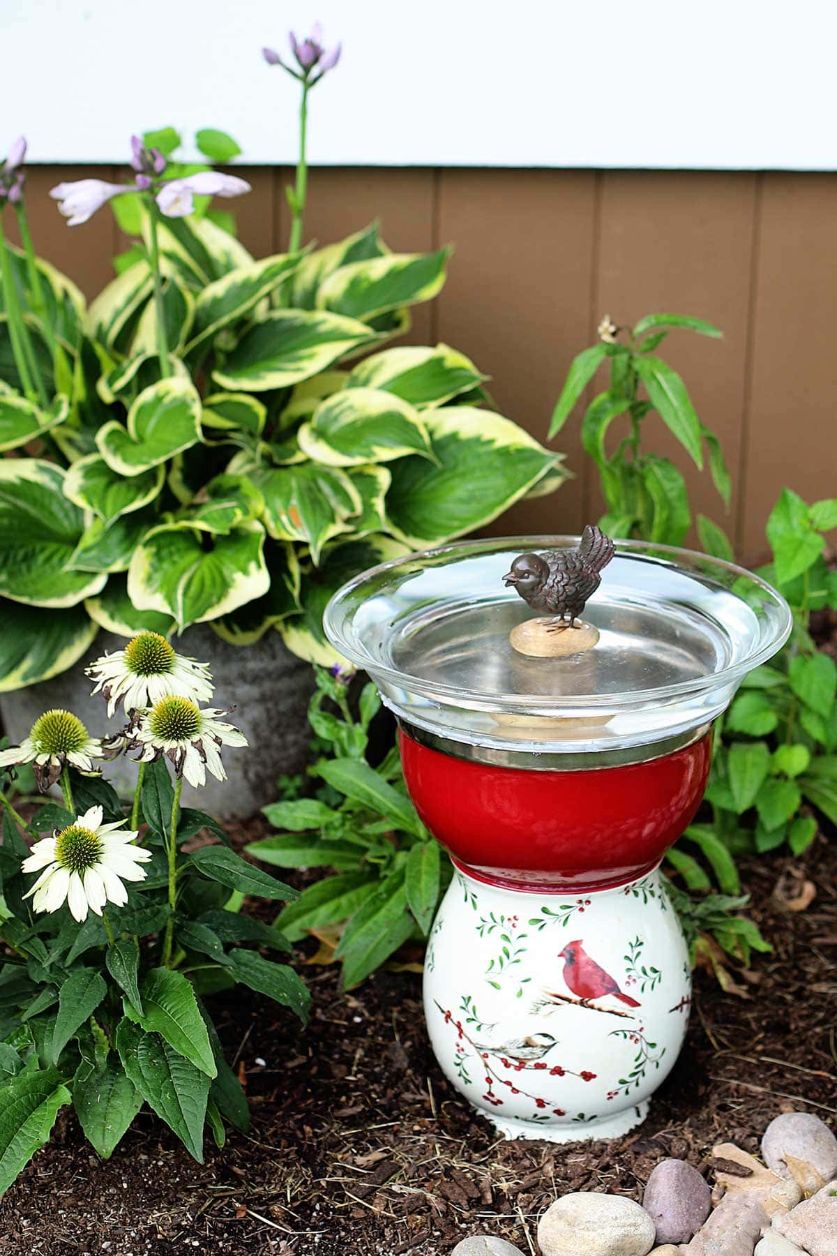upcycled bird bath from glassware