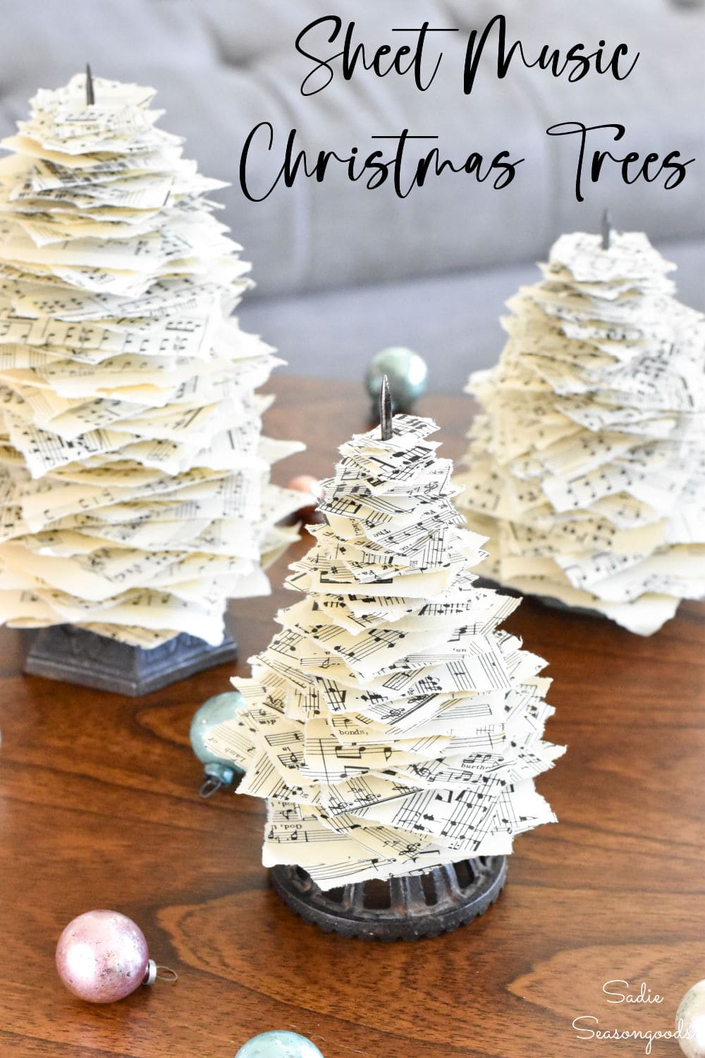 mini christmas trees from vintage sheet music