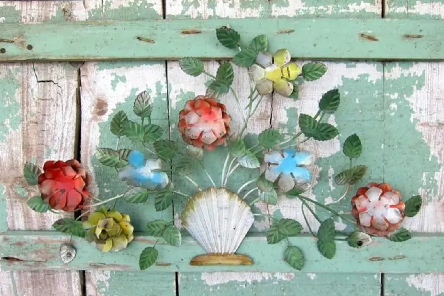 vintage metal flowers as garden art