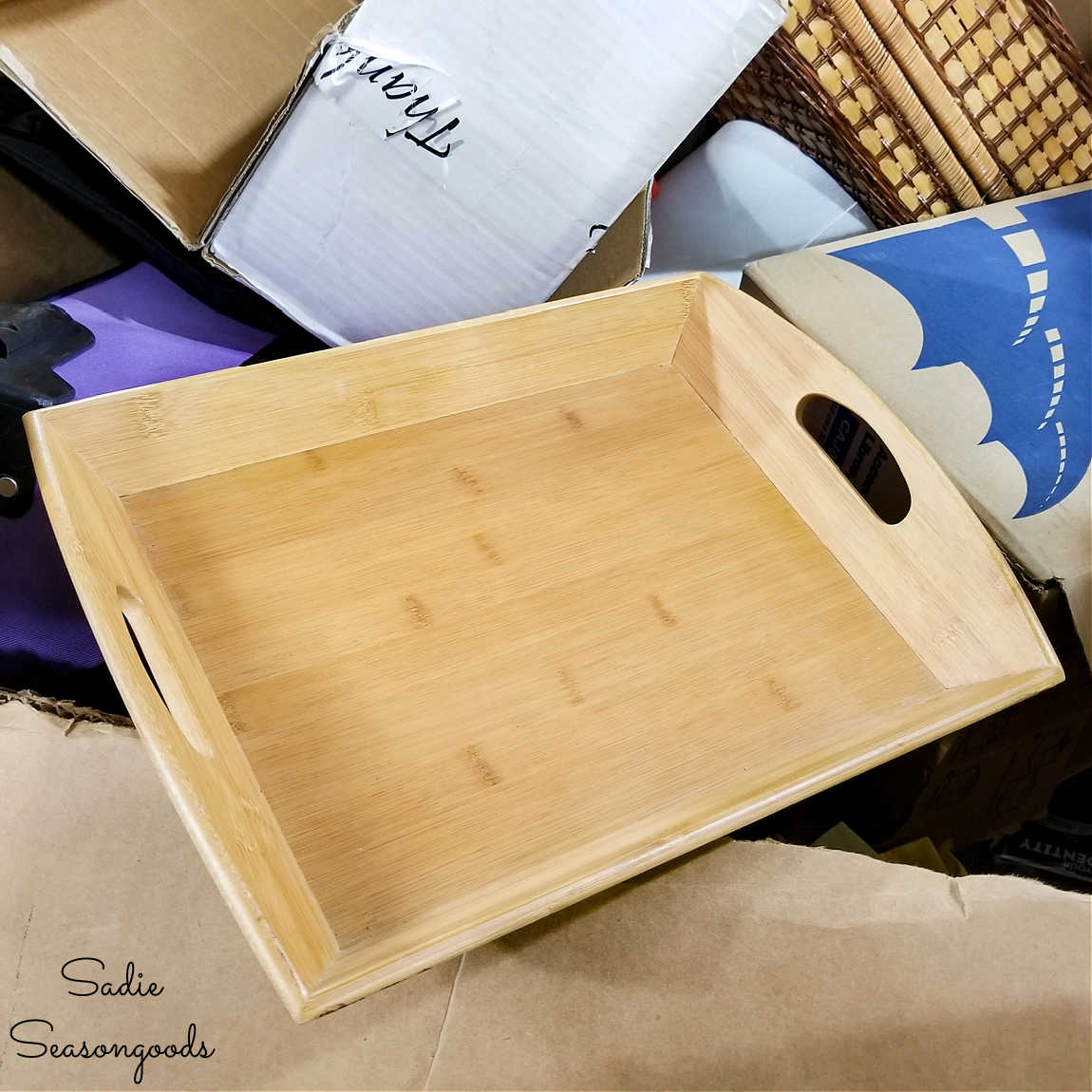 Upcycling a Bamboo Tray with Blueprint Paper