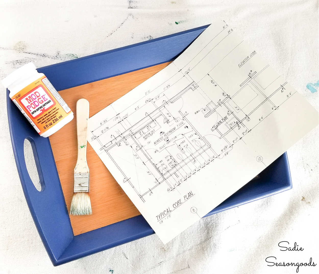 decoupage with blueprint paper