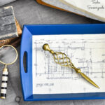 upcycling a bamboo tray with blueprint paper