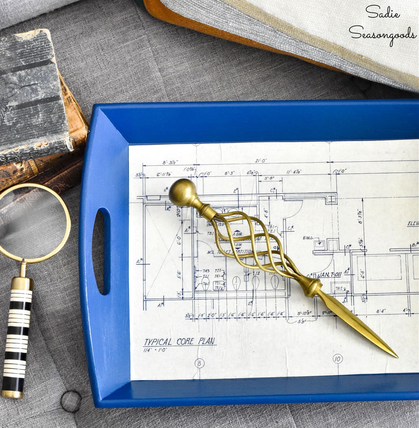 Upcycling a Bamboo Tray with Blueprint Paper