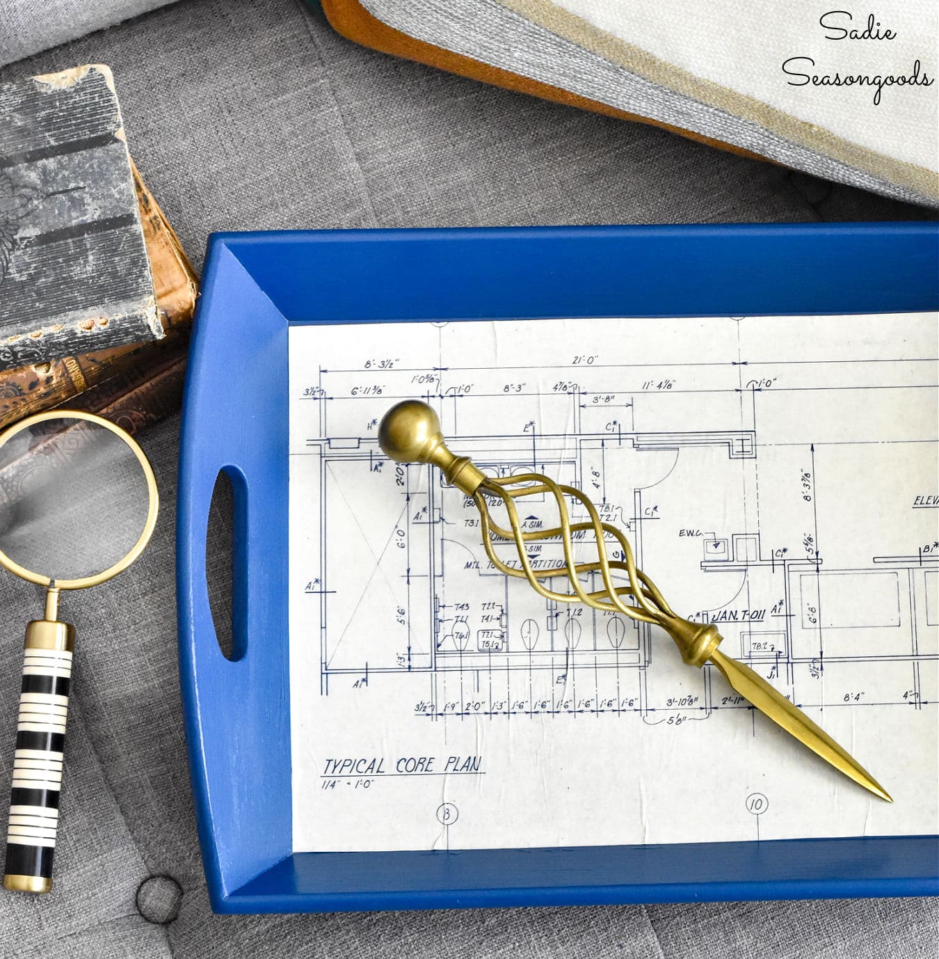 upcycling a bamboo tray with blueprint paper