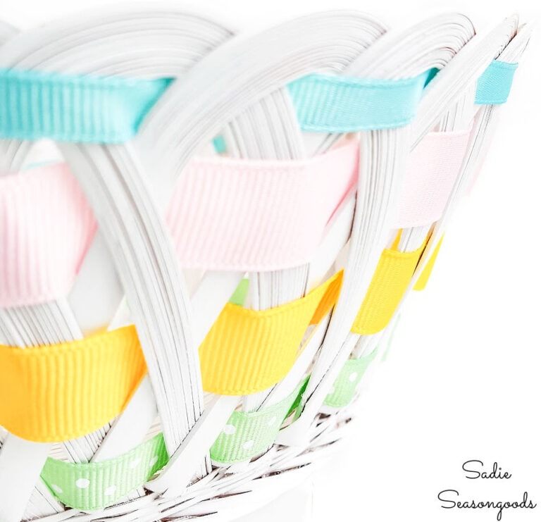 Ribbon Weaving a Wicker Easter Basket as an Easter Centerpiece