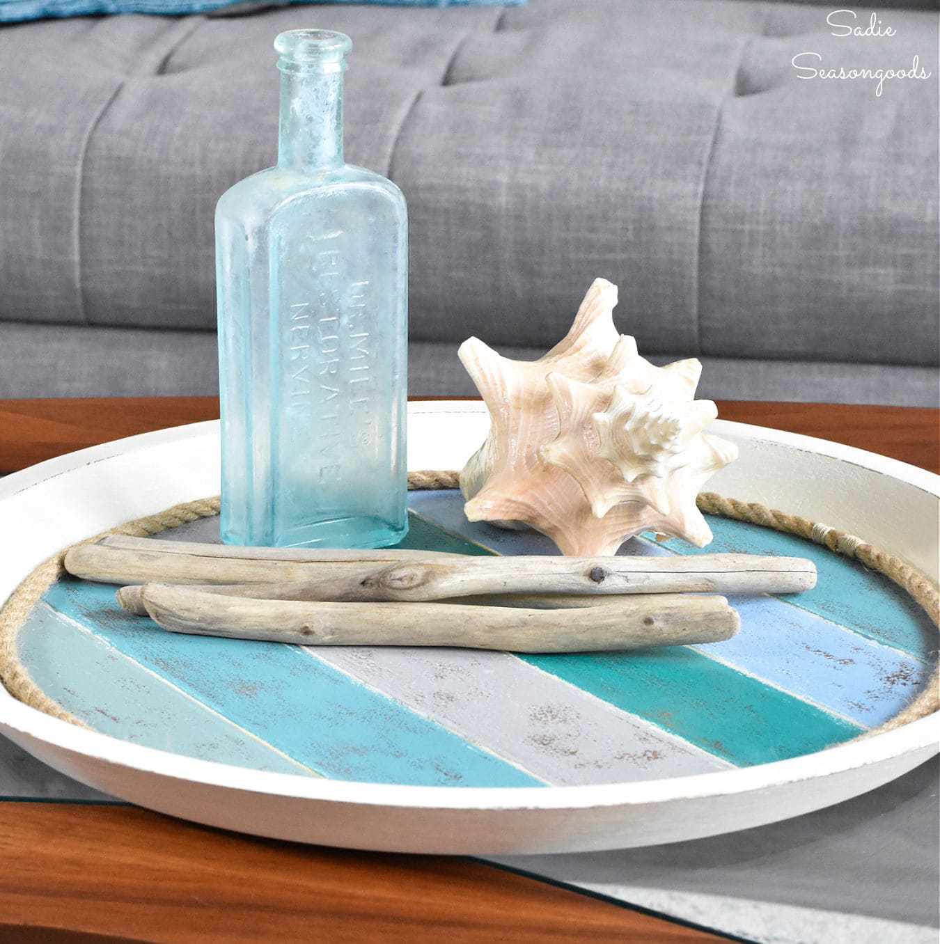 Coffee Table Tray Decor in Coastal Colors for Summer