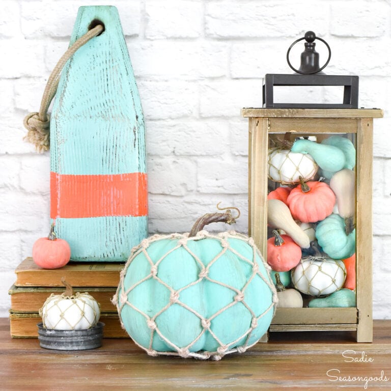 Coastal Fall Decor with Fishing Net Pumpkins