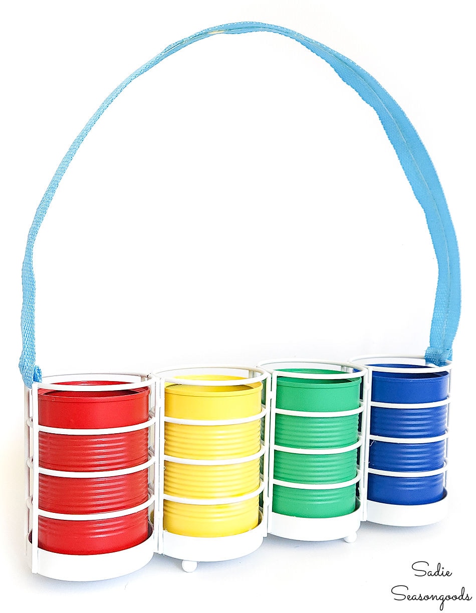 tin can craft idea to make a rainbow organizer for art supplies