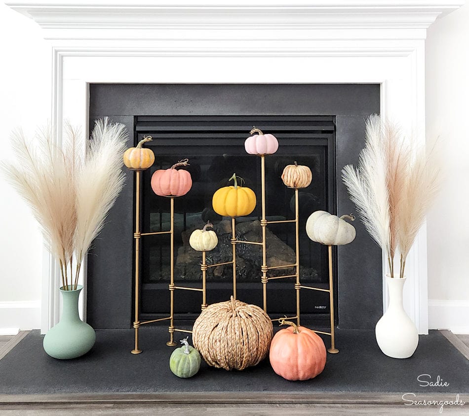 modern fall decor with heirloom pumpkins and a candleholder from the thrift store