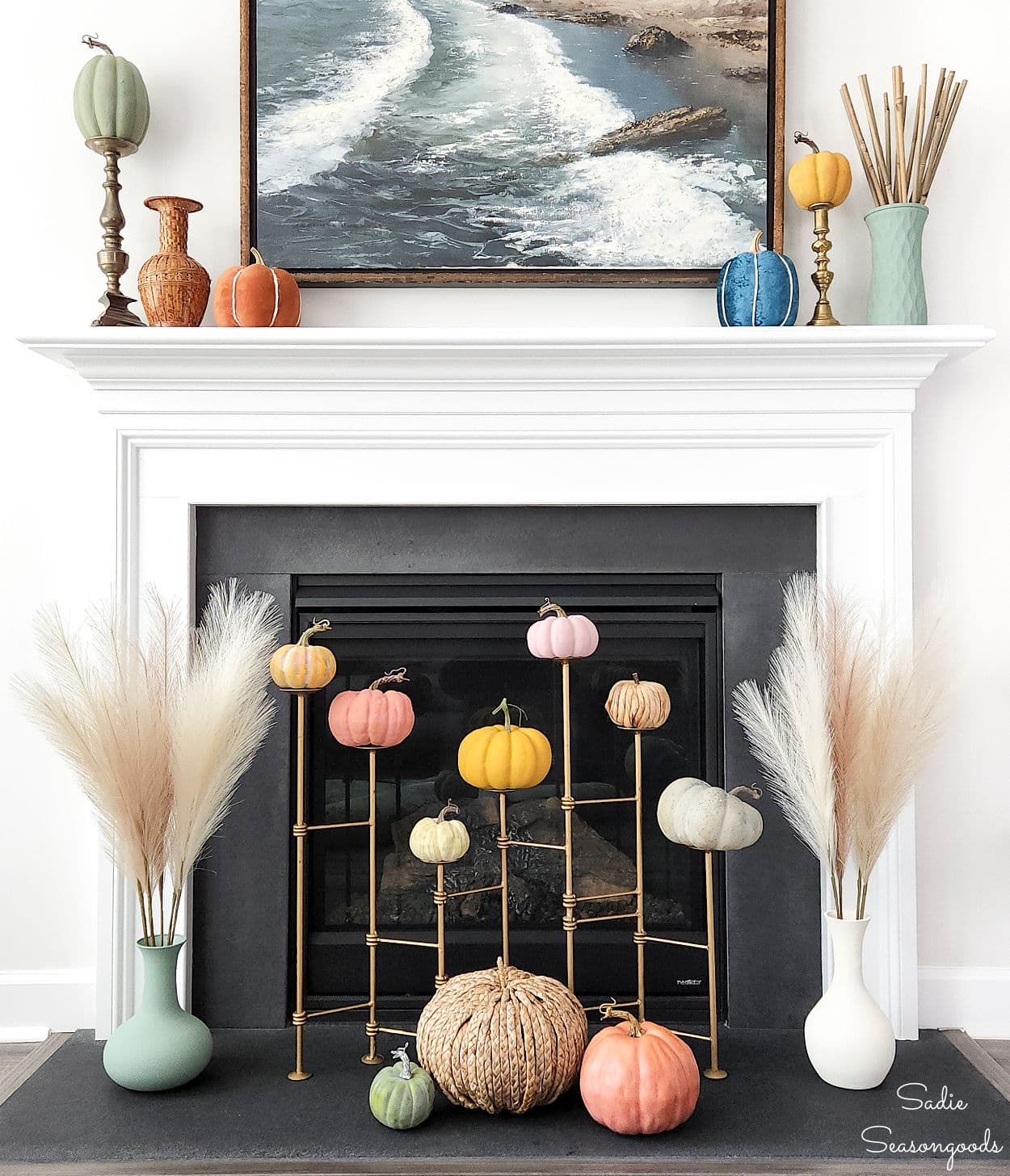 decorating the fireplace and mantel in modern fall decor