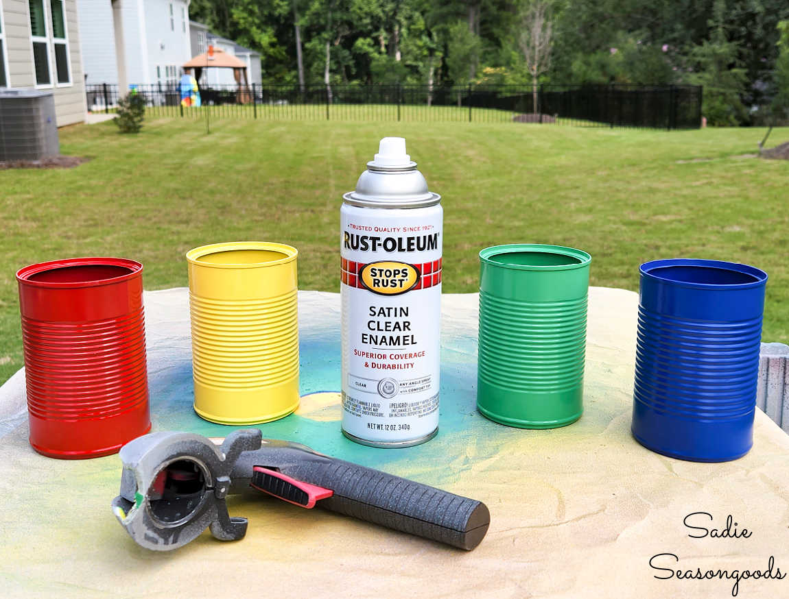 tin cans in rainbow colors for craft storage
