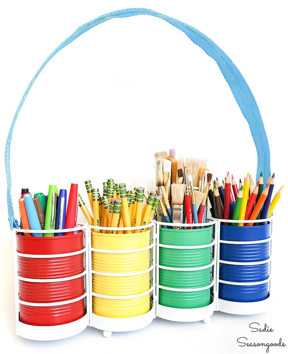 rainbow craft idea with tin cans and a utensil holder