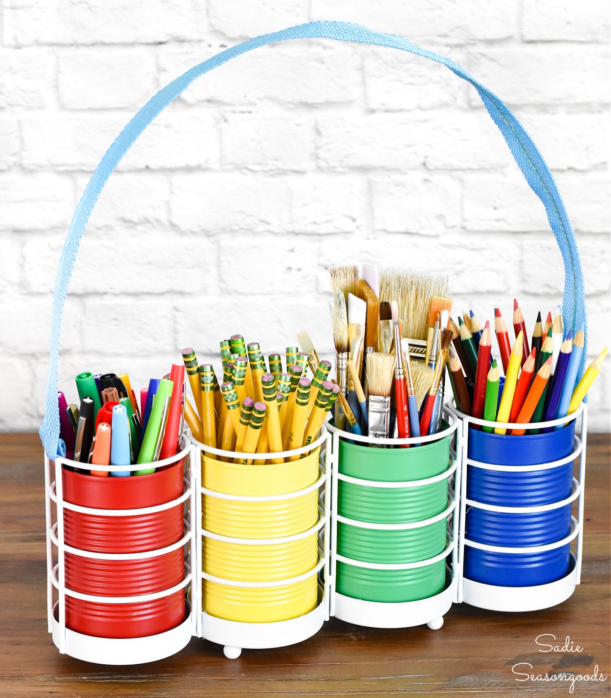 upcycling a metal utensil holder into art supply storage