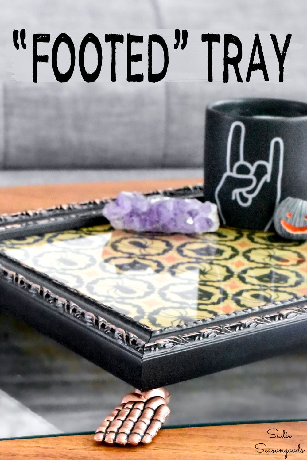 decorating for halloween with a footed tray