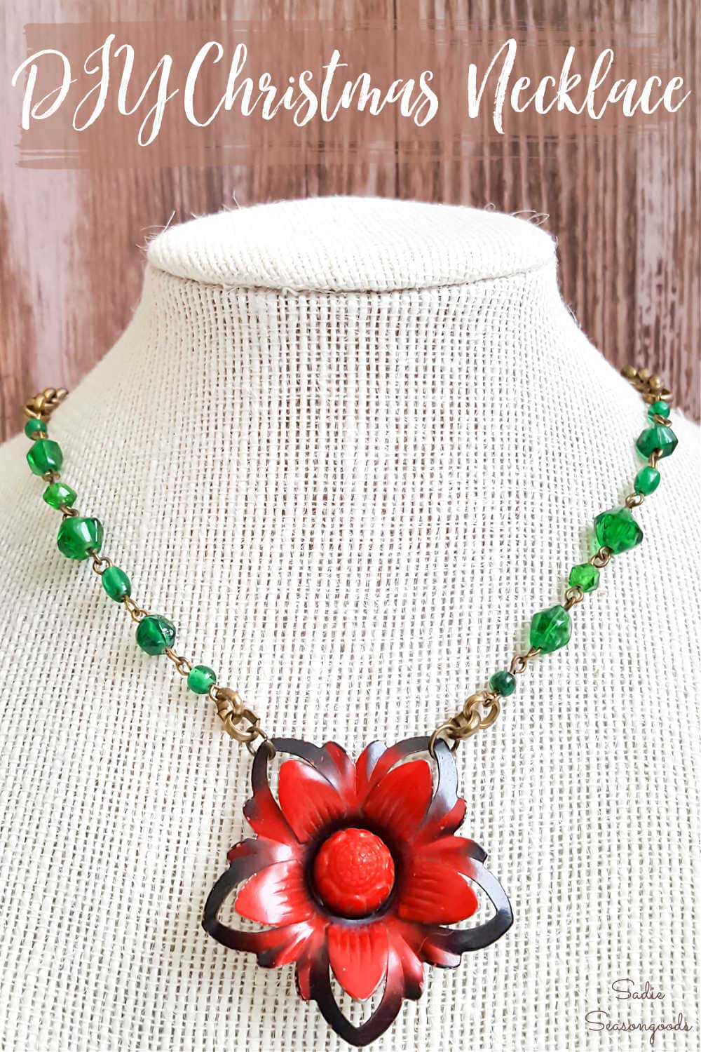 christmas necklace that is upcycled from a curtain tie back