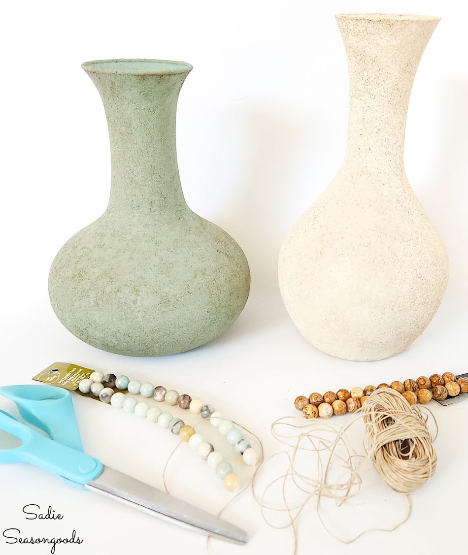 decorating a stoneware vase with beads and hemp cord