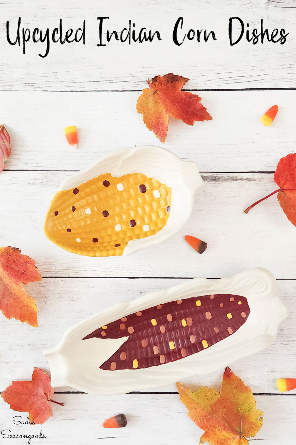 upcycling a corn bowl from the thrift store into a fall candy dish