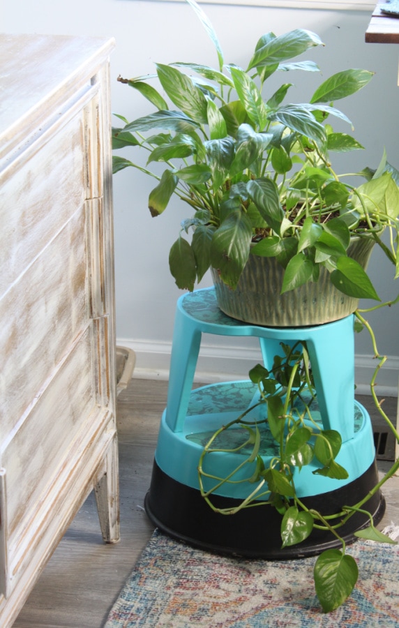 vintage library stool as a plant stand
