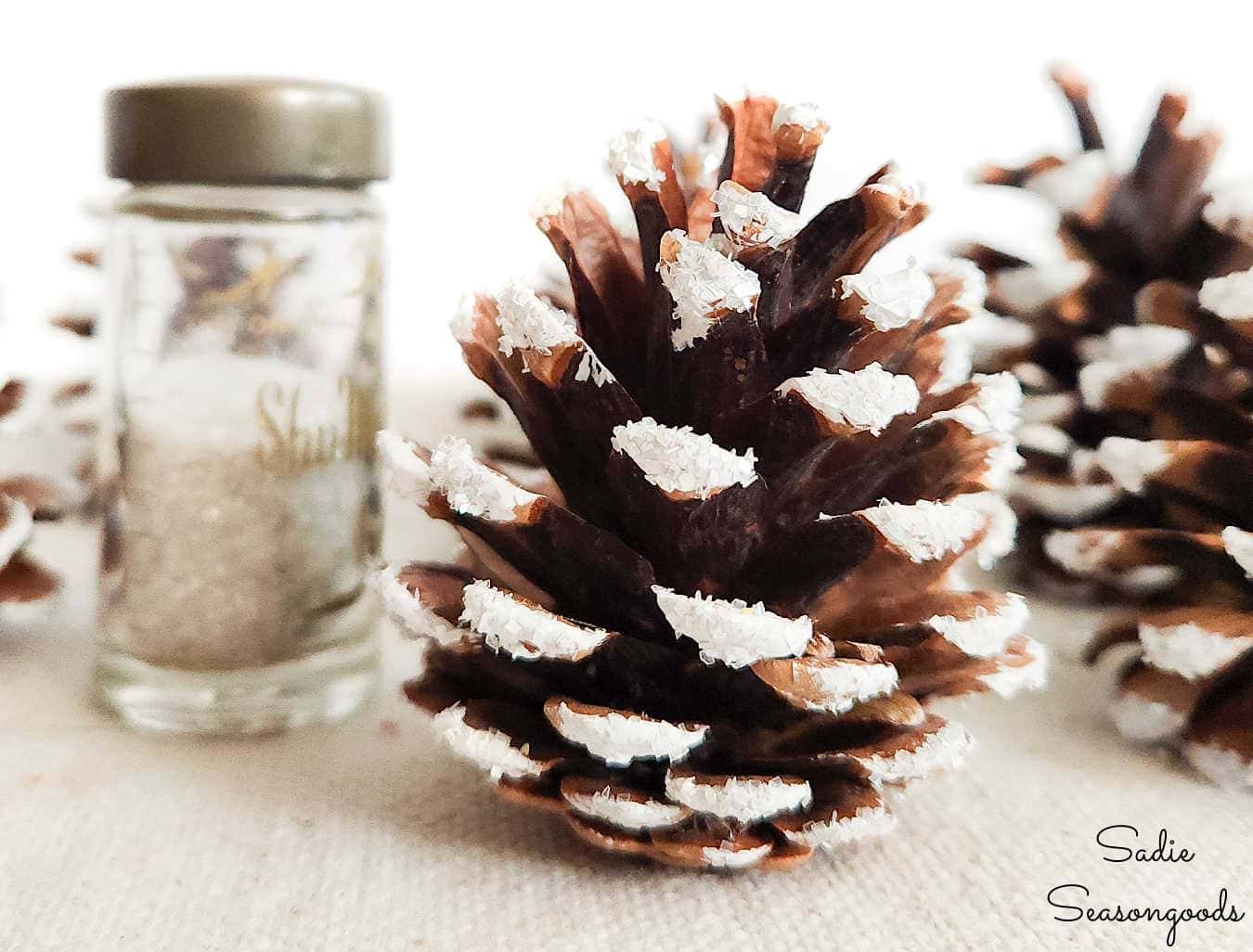 glitter over paint on a pine cone