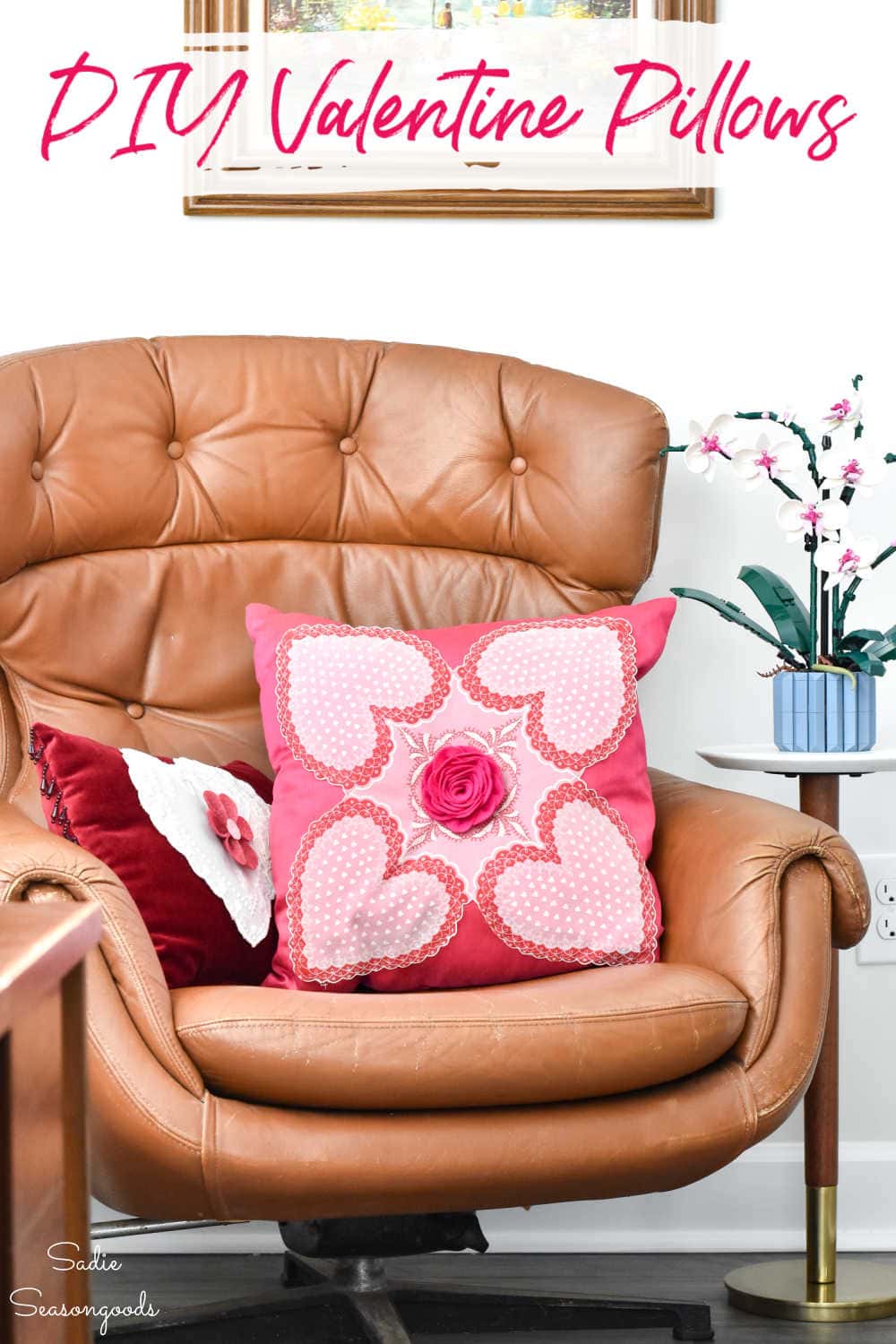 throw pillows that have been decorated with heart doilies