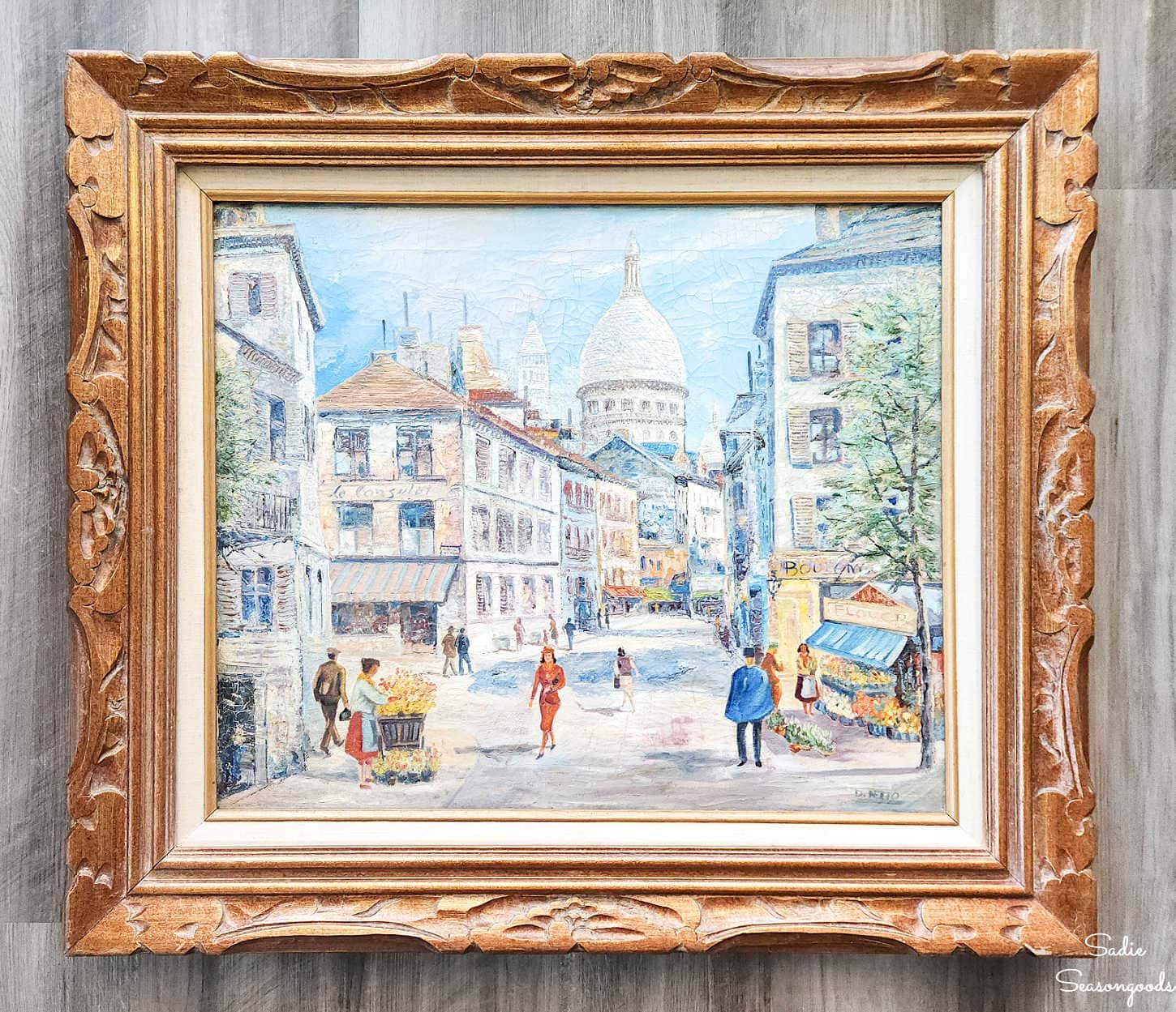 thrift shopping for a wooden frame for a vintage painting of paris