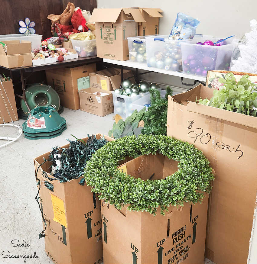 artificial boxwood wreath at a thrift store