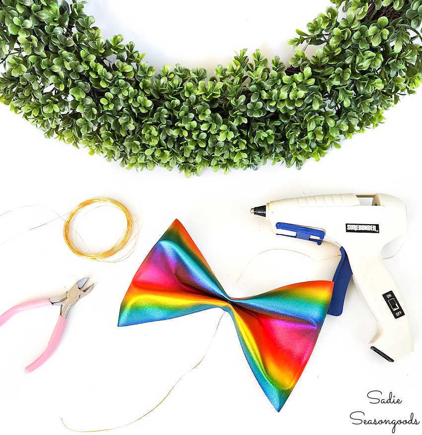 making a wreath bow with rainbow ribbon