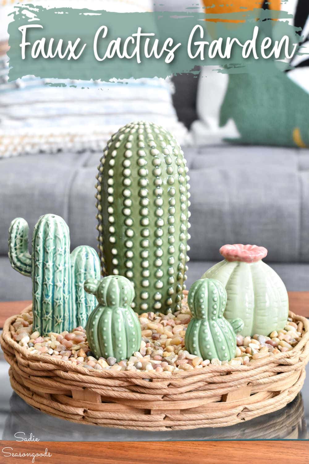 ceramic cactus in a pyrex pie plate for a dish garden