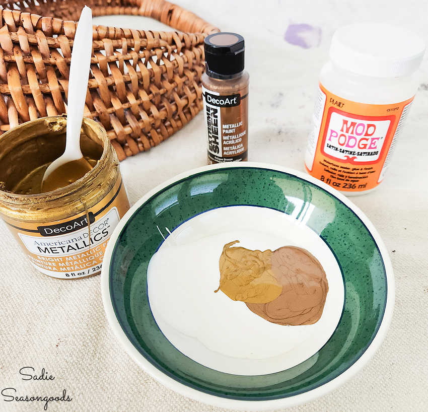 metallic paint and mod podge in a mixing bowl