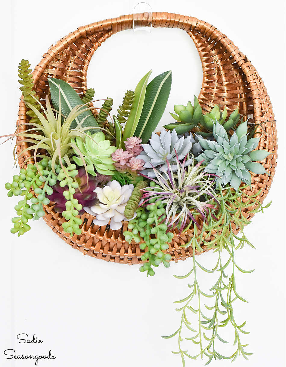 succulent wreath in a round basket